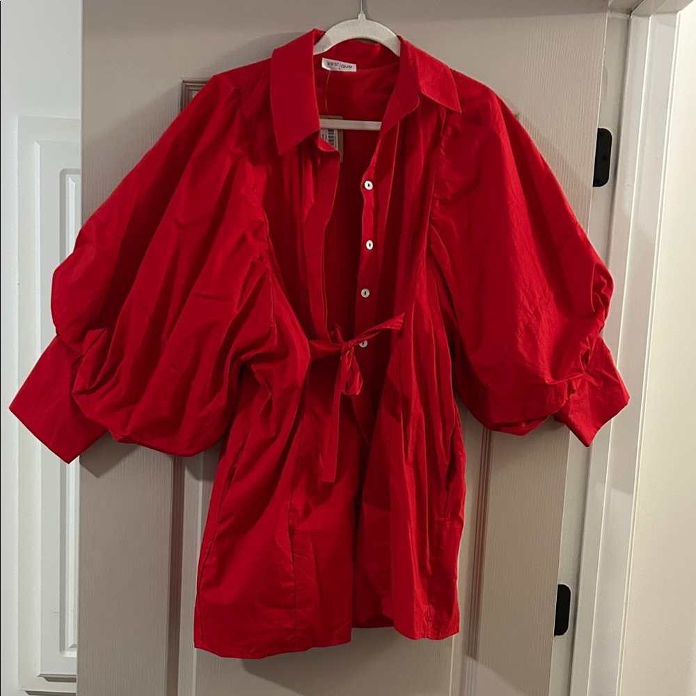 Red Puff-Sleeve Button-Front Women's dress